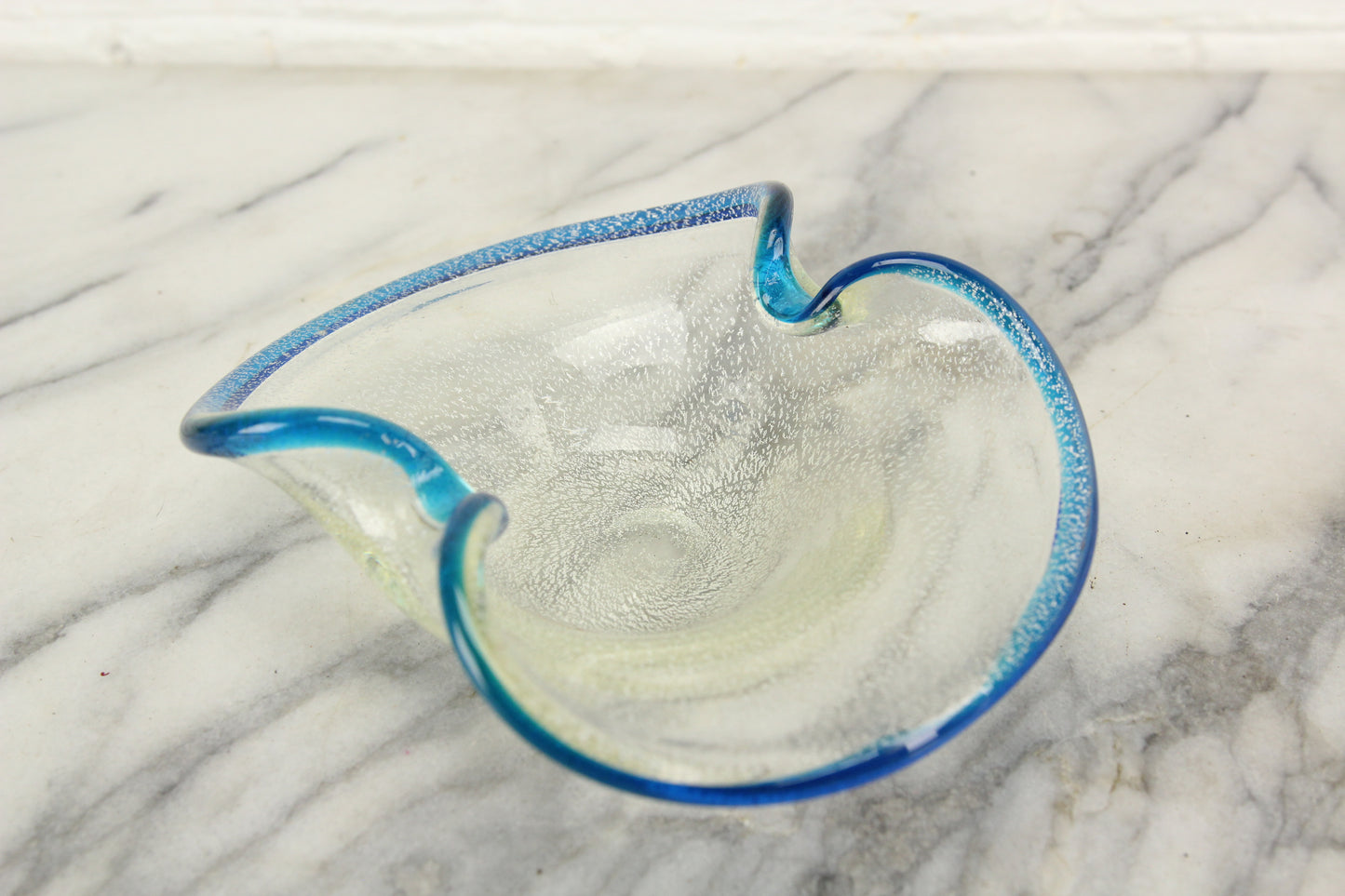 Blue Rimmed White Speckled Art Glass Bowl Dish