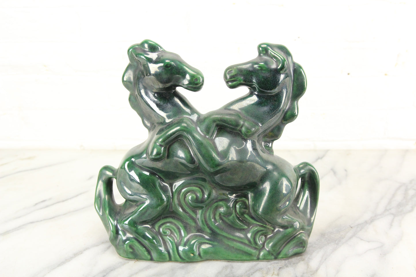 Green Ceramic Sparring Horses Mid-Century TV Lamp