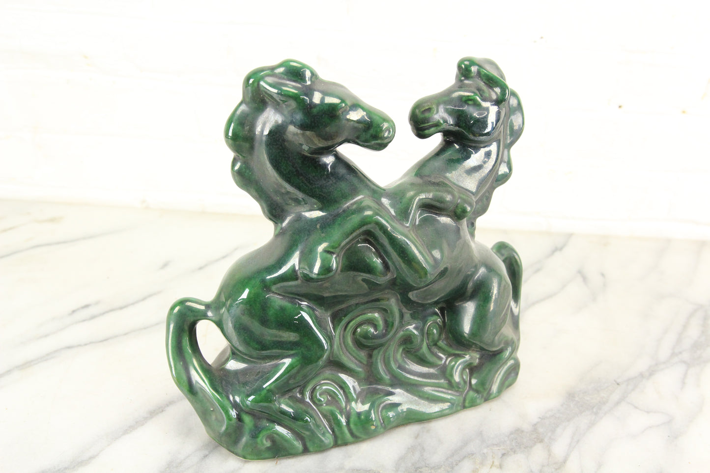 Green Ceramic Sparring Horses Mid-Century TV Lamp