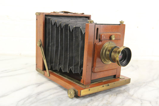 Antique Unmarked Half Plate Dry Plate Wooden Camera with f/8 Lens