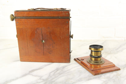 Antique Unmarked Half Plate Dry Plate Wooden Camera with f/8 Lens