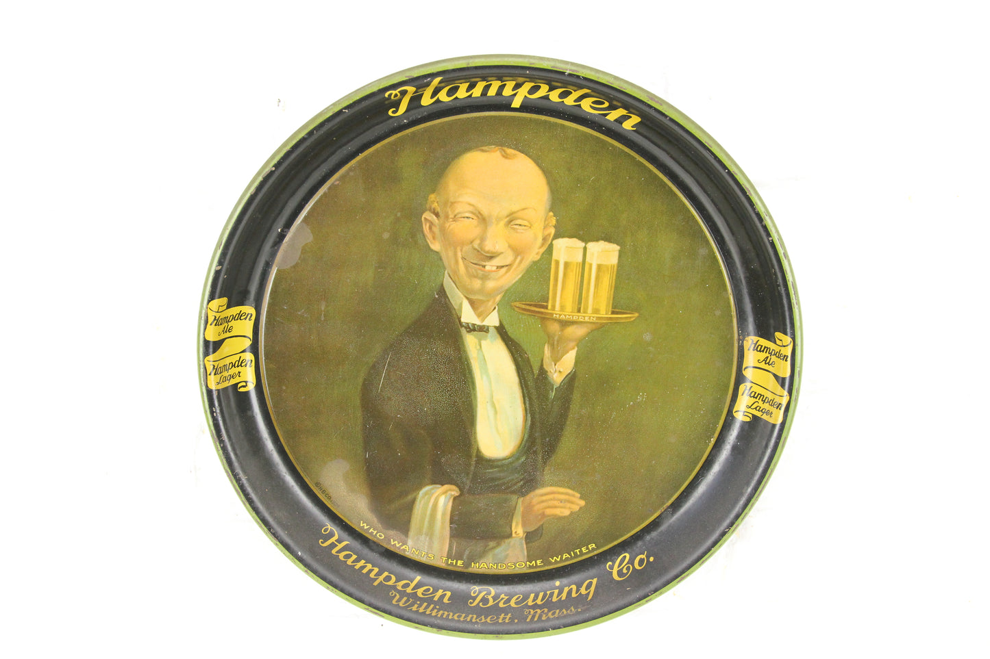 Hampden Ale Brewing Company "Handsome Waiter" 13-Inch Beer Tray, Willimansett, MA, 1934