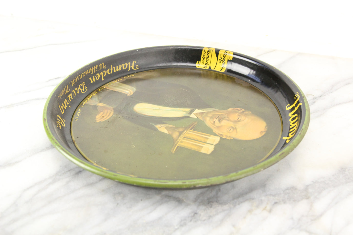 Hampden Ale Brewing Company "Handsome Waiter" 13-Inch Beer Tray, Willimansett, MA, 1934