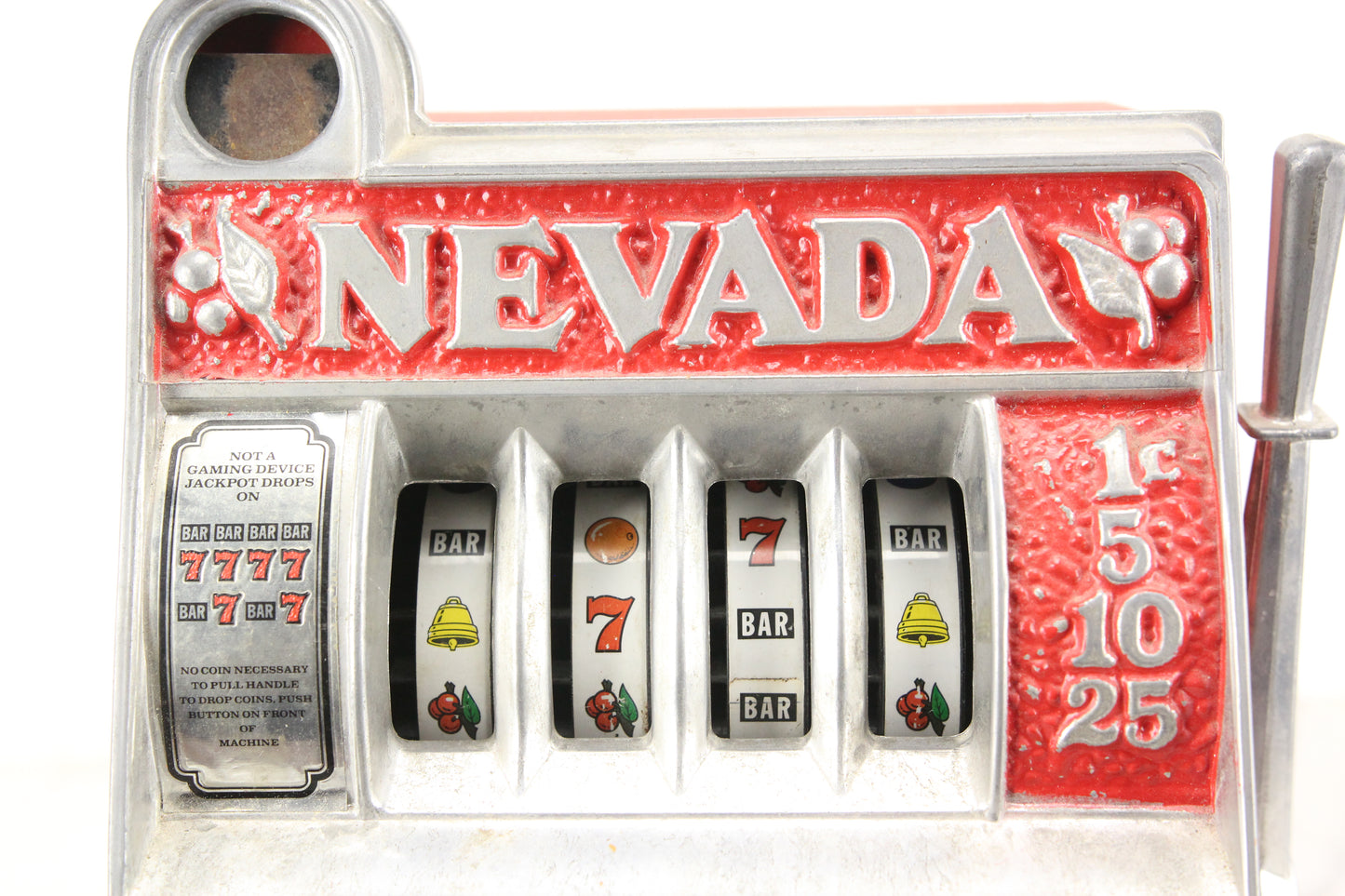Las Vegas, Nevada One Armed Bandit Metal Slot Machine Casino Coin Bank Toy