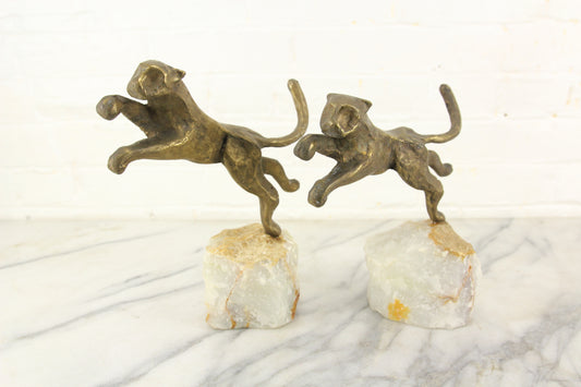 Leaping Panther Jaguar on Alabaster Base Bookends, Pair