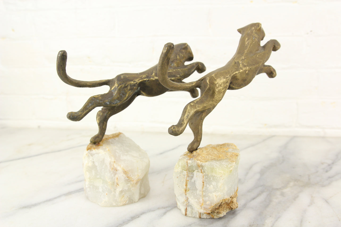 Leaping Panther Jaguar on Alabaster Base Bookends, Pair