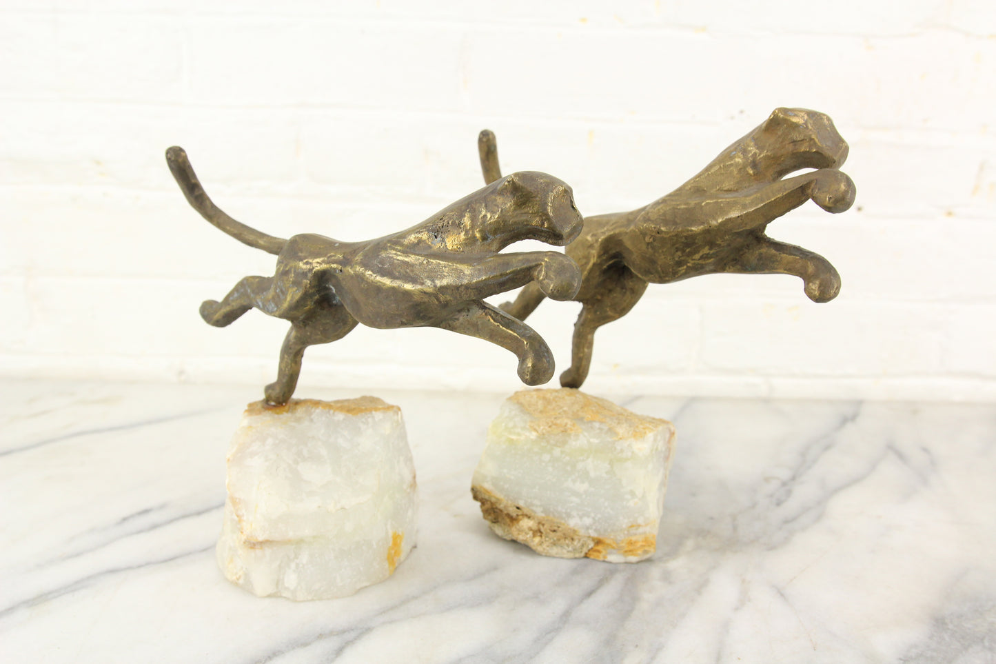 Leaping Panther Jaguar on Alabaster Base Bookends, Pair