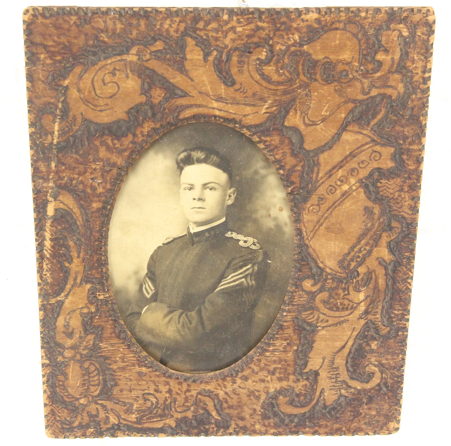 Flemish Art Pyrography Wood Frame with Photograph of Soldier - 7.5 x 9"