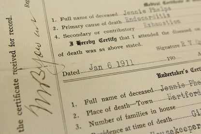 Death Certificate of Jennie Phelps, Died January 6, 1911