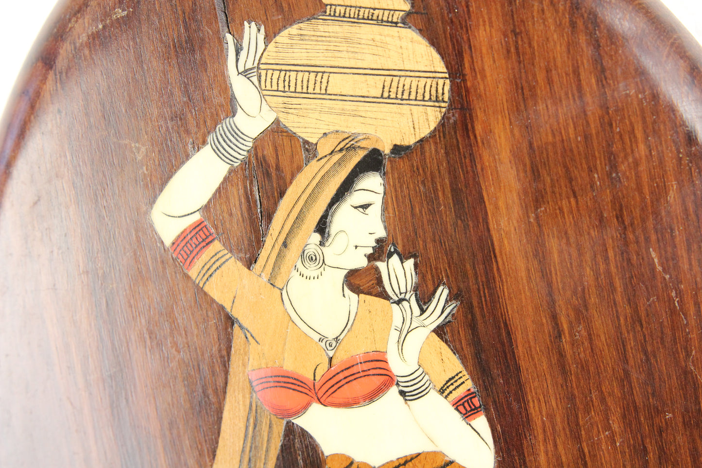 Inlaid Wooden Plaque of a Beautiful Woman Holding a Vessel on Her Head