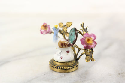 Porcelain and Brass Miniature Peacock Statue Token