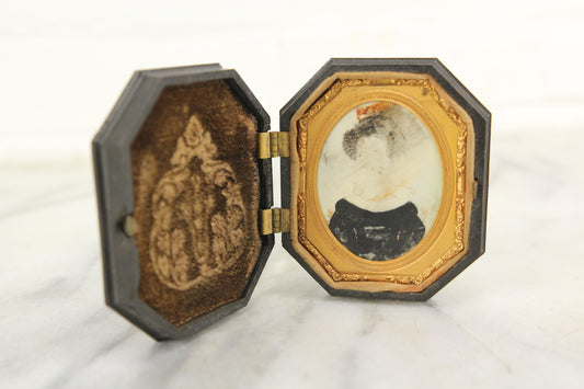 Antique Portait Painting on Bone in Bakelite Case, 1830