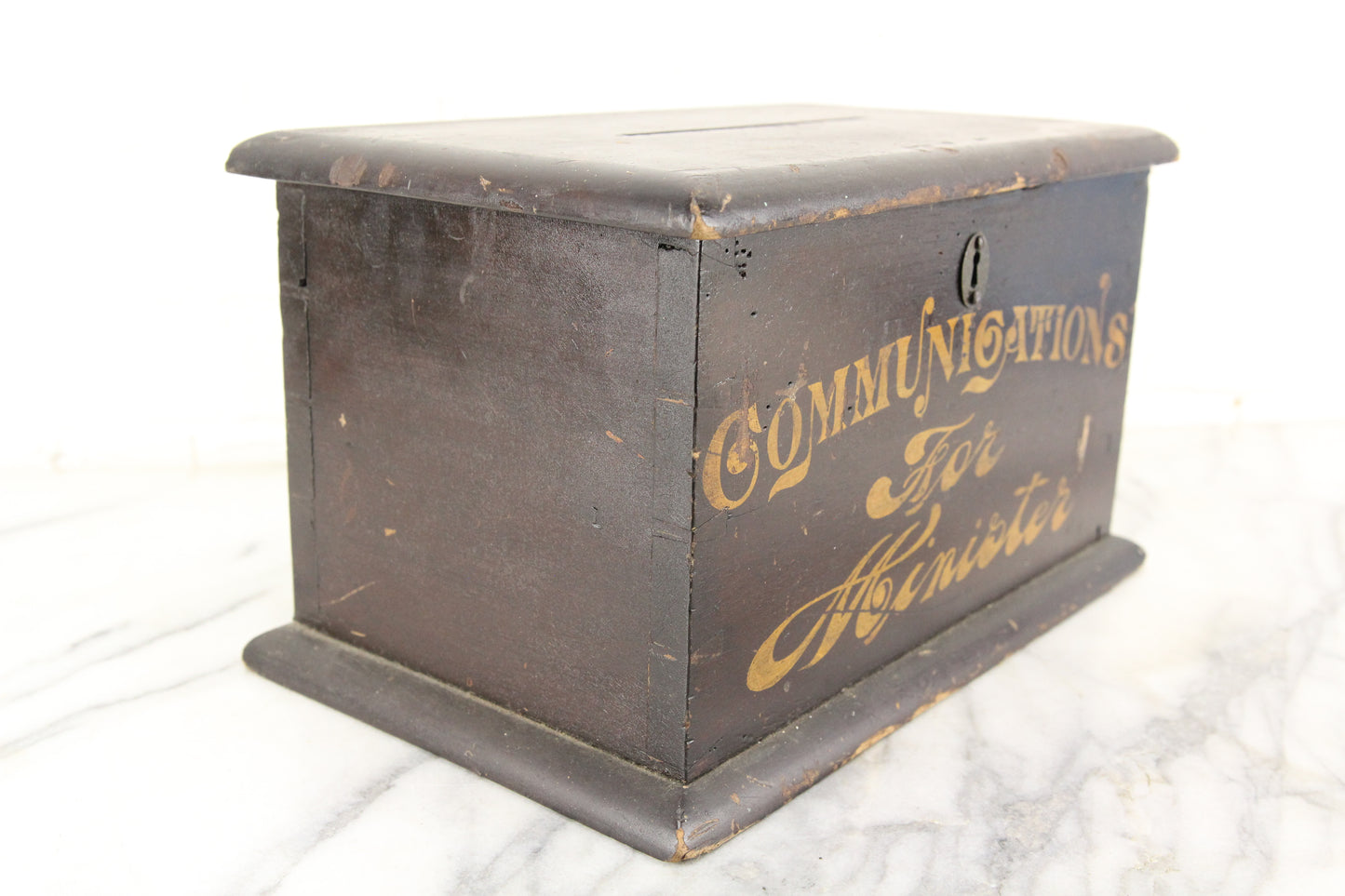 Antique Hand Painted Dovetailed Wood Church Ballot Box "Communications for Minister"