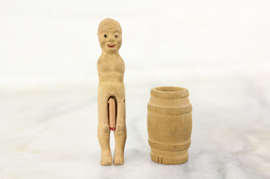 Naked Man in Barrel Risque Wood and Composition Figurine