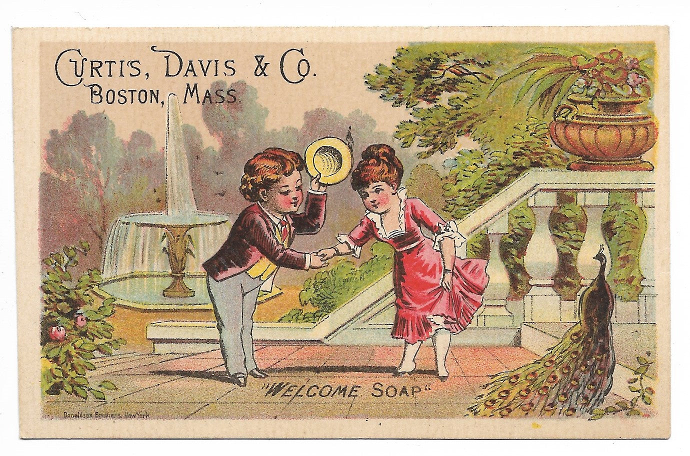 Curtis. Davis & Co. "Welcome Soap" Antique Trade Card, Boston, Massachusetts (Peacock) - 4.25" x 2.75"