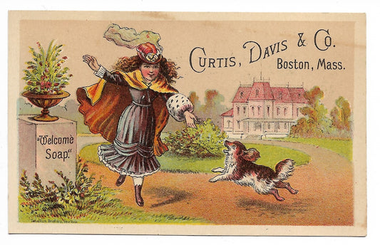 Curtis. Davis & Co. "Welcome Soap" Antique Trade Card, Boston, Massachusetts (Dog) - 4.25" x 2.75"