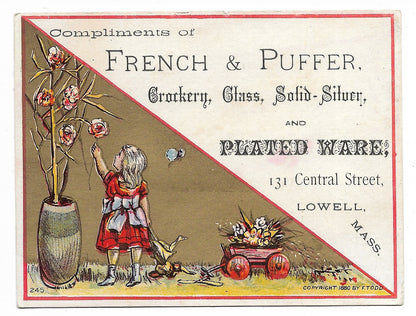 French & Puffer Crockery Antique Trade Card, Lowell, Massachusetts,1880 - 4.25" x 3.25"