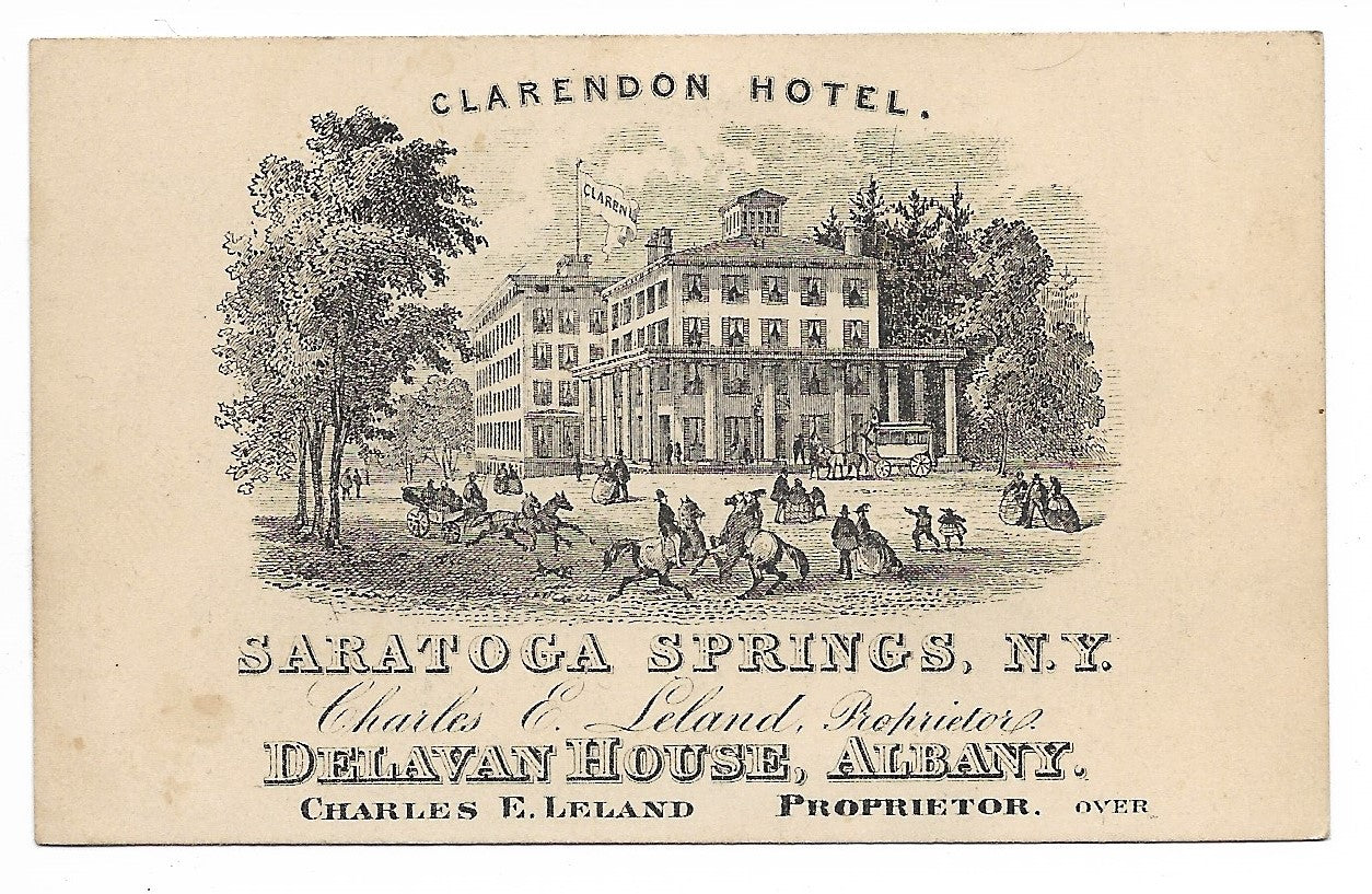 Clarendon Hotel, Saratoga Springs & Delavan House, Albany Antique Trade Card - 4" x 2.5"