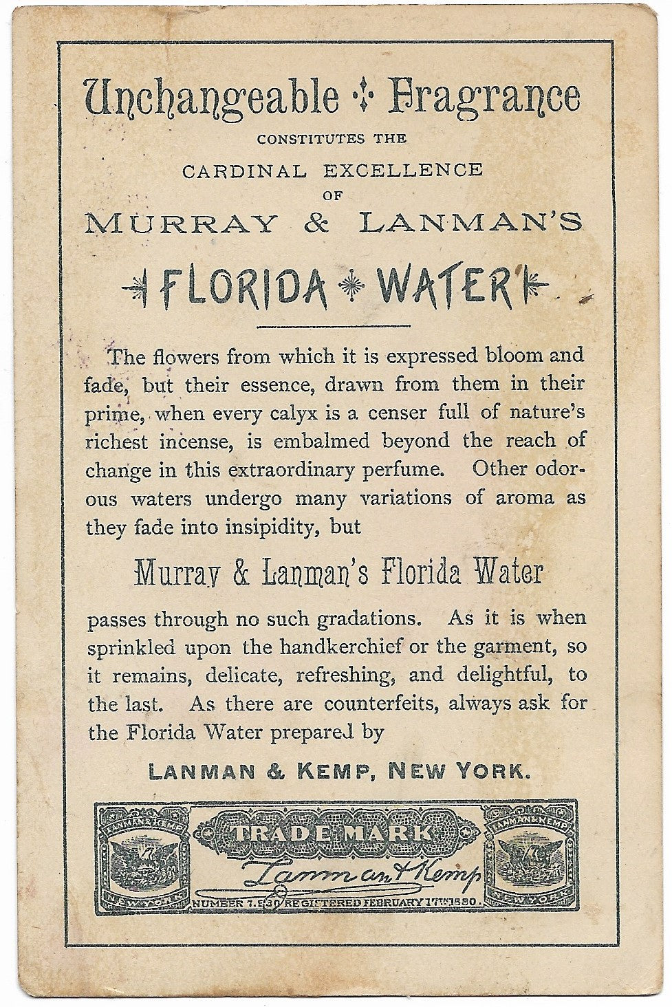 Murray & Lanman's Florida Water Antique Trade Card, New York - 3" x 4.75"