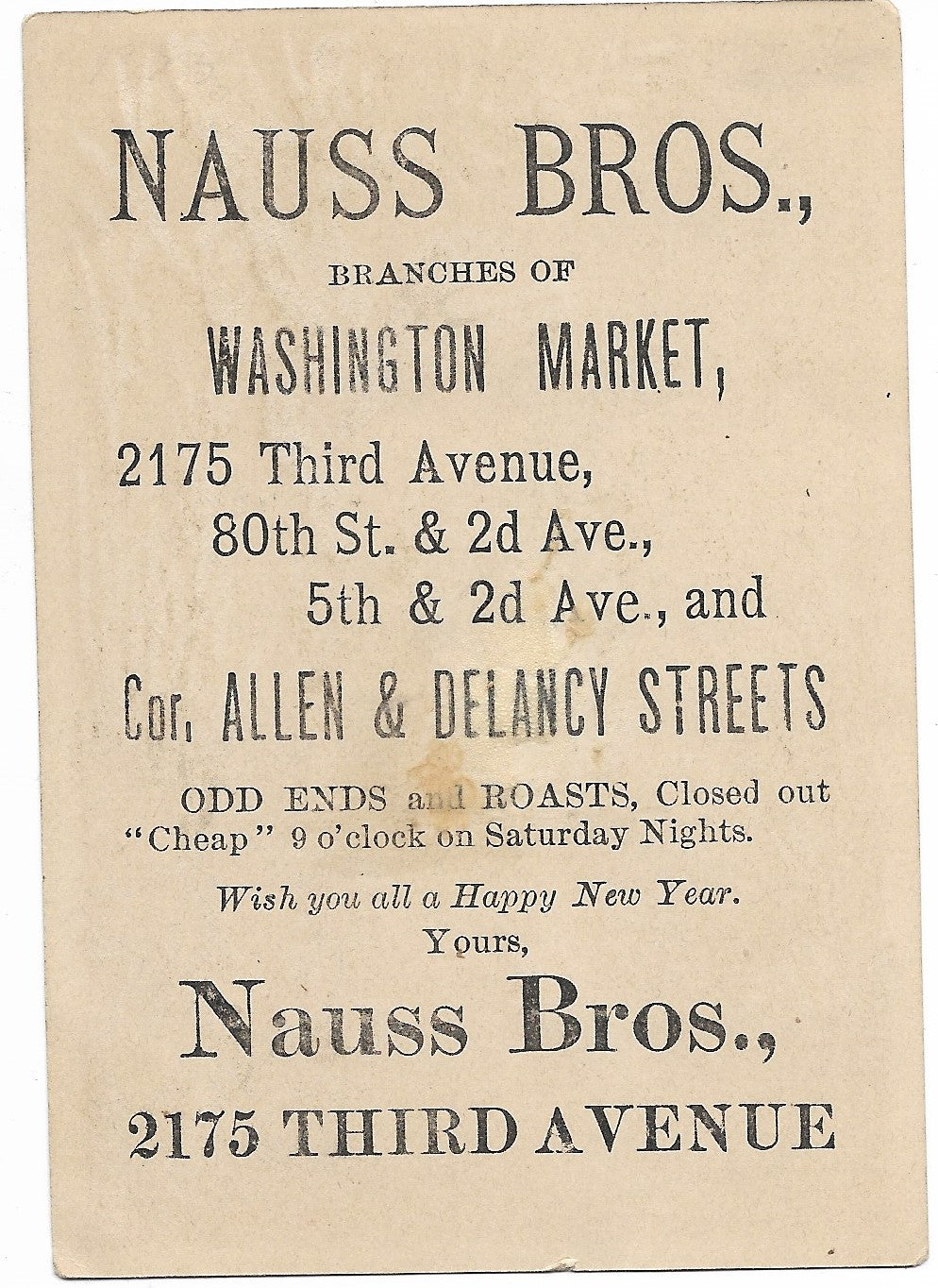 Nauss Bros., Branches of Washington Market Antique Trade Card - 3" x 4.5"