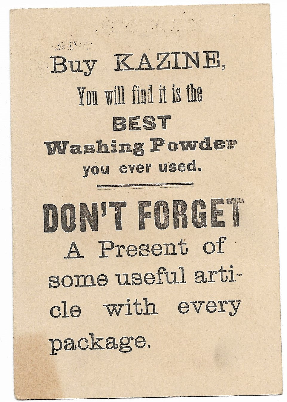 Kazine Washing Powder (Baby in Boat) Antique Trade Card - 3" x 4.5"