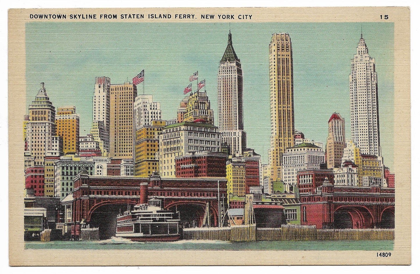Downtown Skyline from Staten Island Ferry, New York City Vintage Postcard
