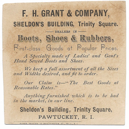 F.H. Grant & Company Boots, Shoes & Rubbers Antique Trade Card, Pawtucket, RI - 3.5" x 3.5"