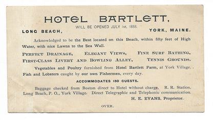 Hotel Bartlett Antique Trade Card, Long Beach, York, Maine - 5.5 " x 3"
