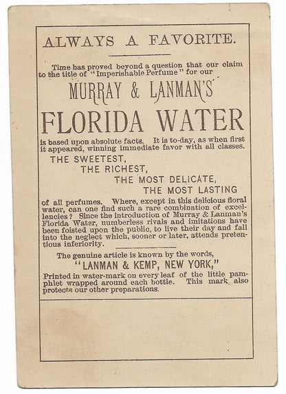 Murray & Lanman's Florida Water Antique Trade Card, New York, 1881 - 3" x 4.75"
