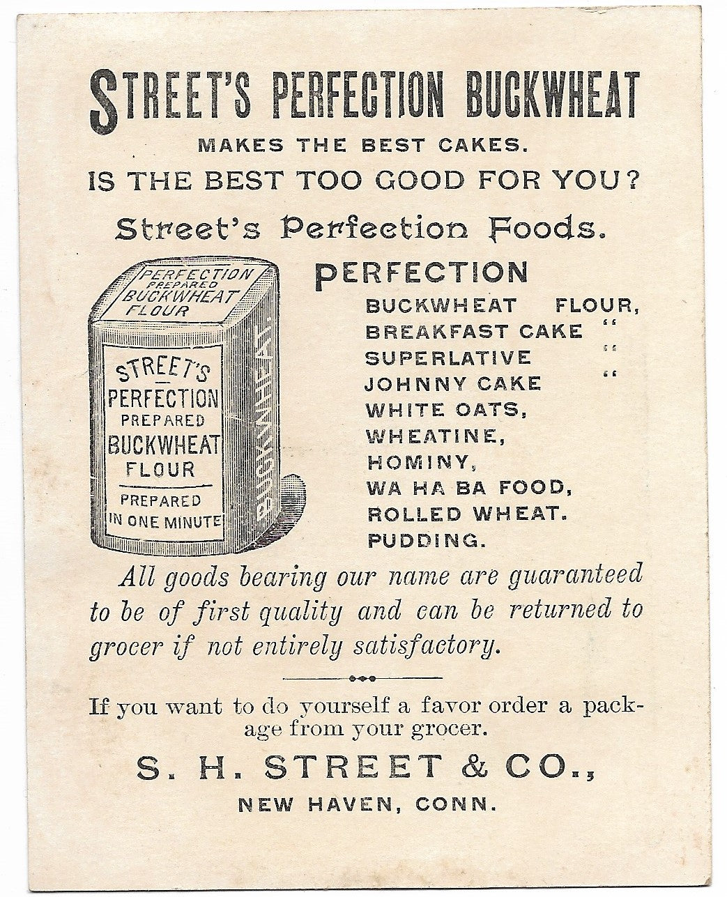 Street's Perfection Buckwheat Antique Trade Card, New Haven, CT - 3.25" x 4.25"
