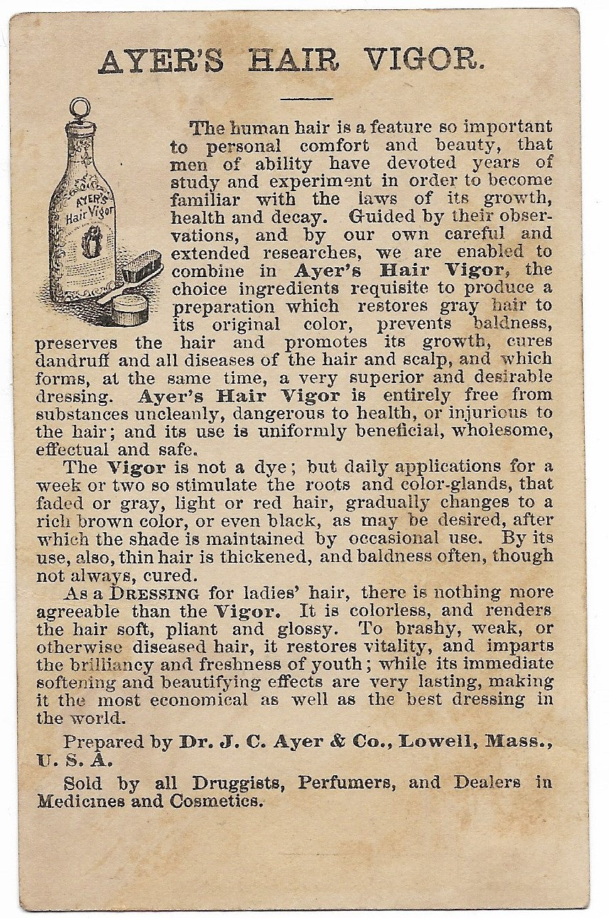 Ayer's Hair Vigor Antique Trade Card, Lowell, MA - 4.25" x 2.75"