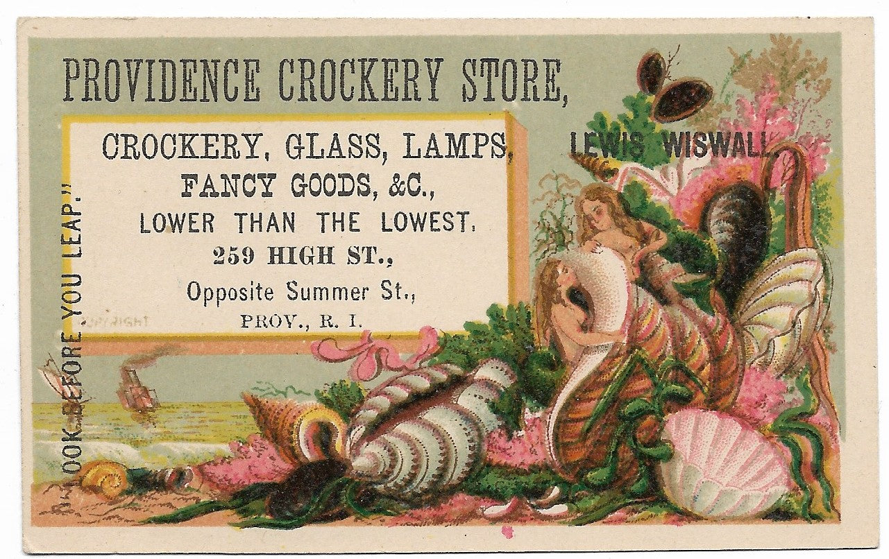 Providence Crockery Store (Ladies in Shells) Antique Trade Card - 4" x 2.5"