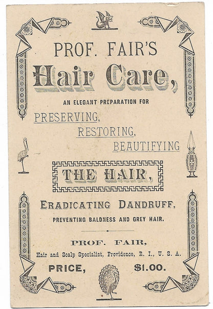 Prof. Fair's Hair Care Antique Trade Card, Providence, RI - 3" x 4.5"
