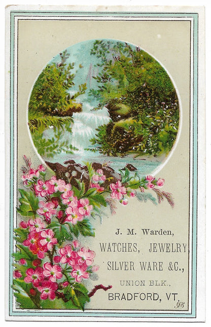 J.M. Warden, Watches, Jewlery, Silver Ware Antique Trade Card, Bradford, Vermont - 2.75" x 4.25"