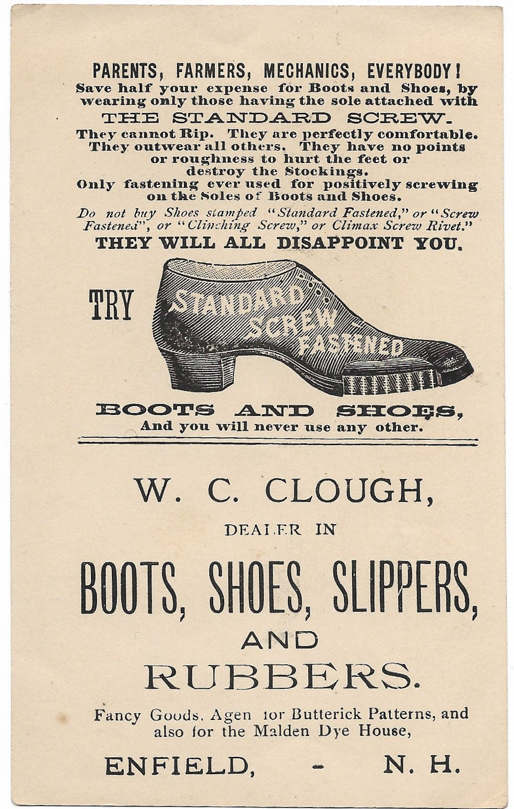 W.C. Clough Boots, Shoes, Slippers, & Rubbers Antique Trade Card, Enfield, NH - 3.25" x 5.5"