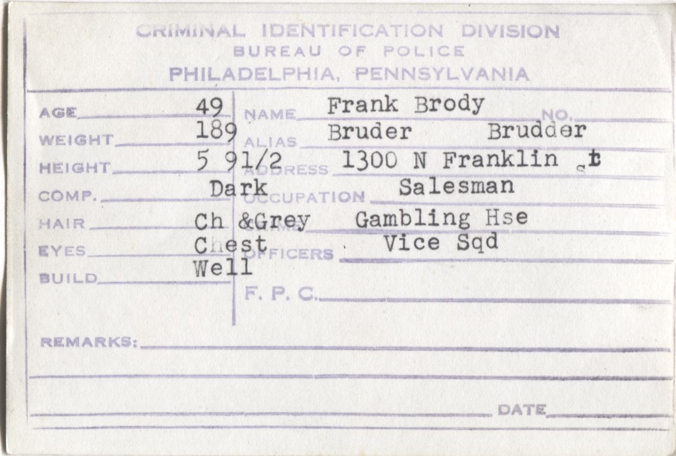 Frank Brody Mugshot - Arrested on 11/22/1947 for Running a Gambling House