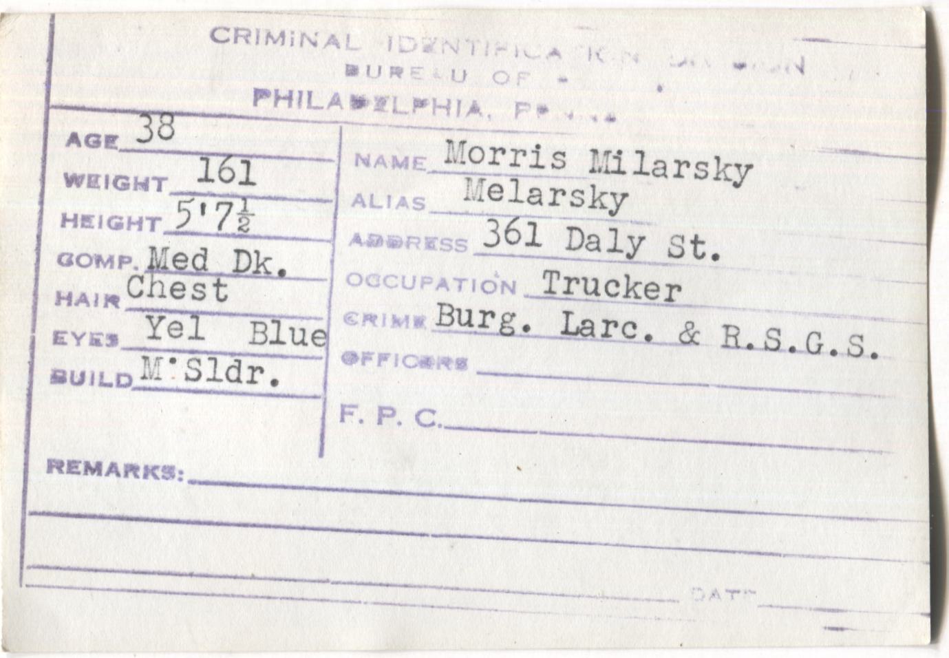 Morris Milarsky Mugshot - Arrested on 1/3/1946 for Burglary & Larceny