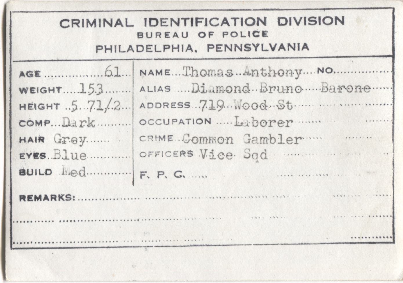 Thomas Anthony Mugshot - Arrested on 4/9/1948 for Being a Common Gambler
