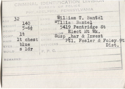 William T. Bantel Mugshot - Arrested on 1/16/1948 for Suspicion & Investigation