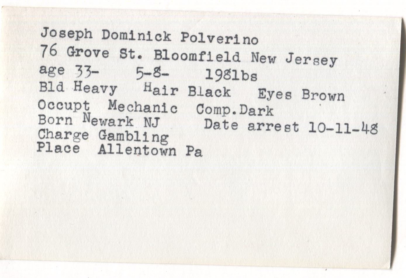 Joseph Dominick Polverino Mugshot - Arrested on 10/11/1948 for Gambling