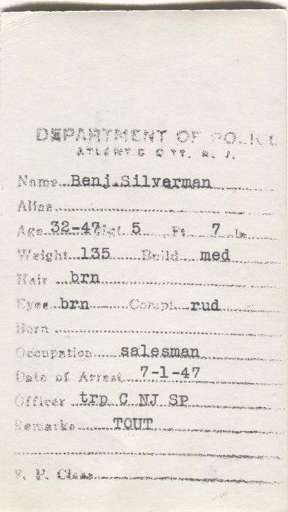 Benjamin Silverman Mugshot - Arrested on 7/1/1947 for Tout (Soliciting)