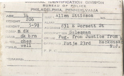 Allen Etticson Mugshot - Arrested on 6/3/1935 as a Fugitive From Justice