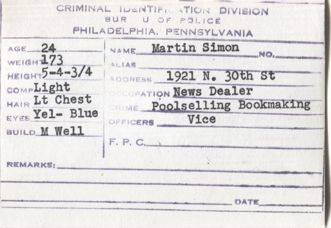 Martin Simon Mugshot - Arrested on 5/19/1947 for Poolselling & Bookmaking