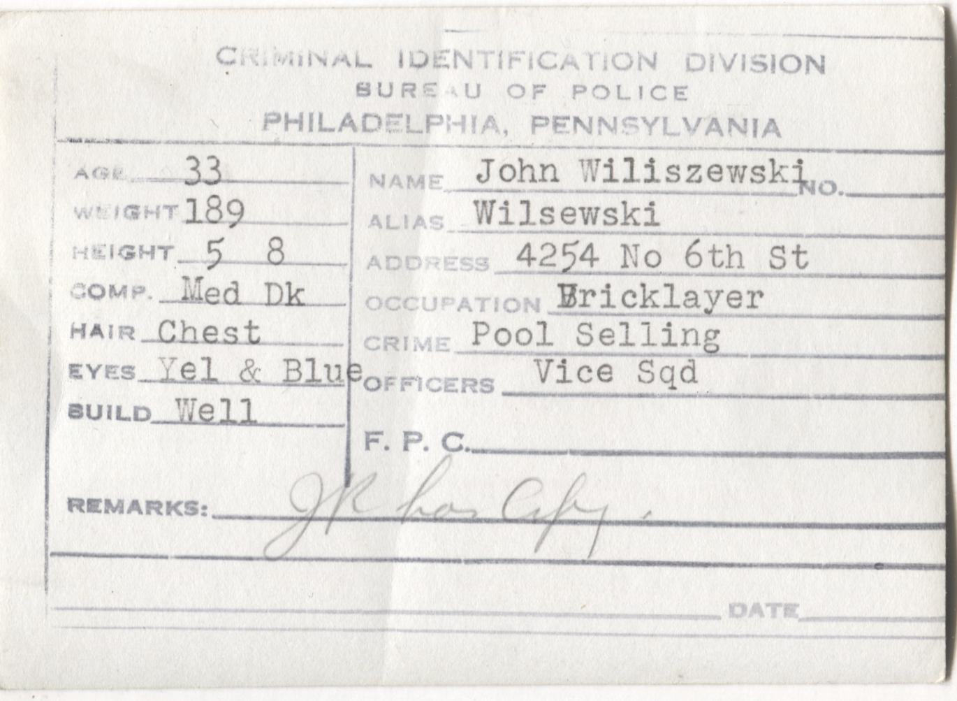 John Wiliszewski Mugshot - Arrested on 5/3/1947 for Poolselling