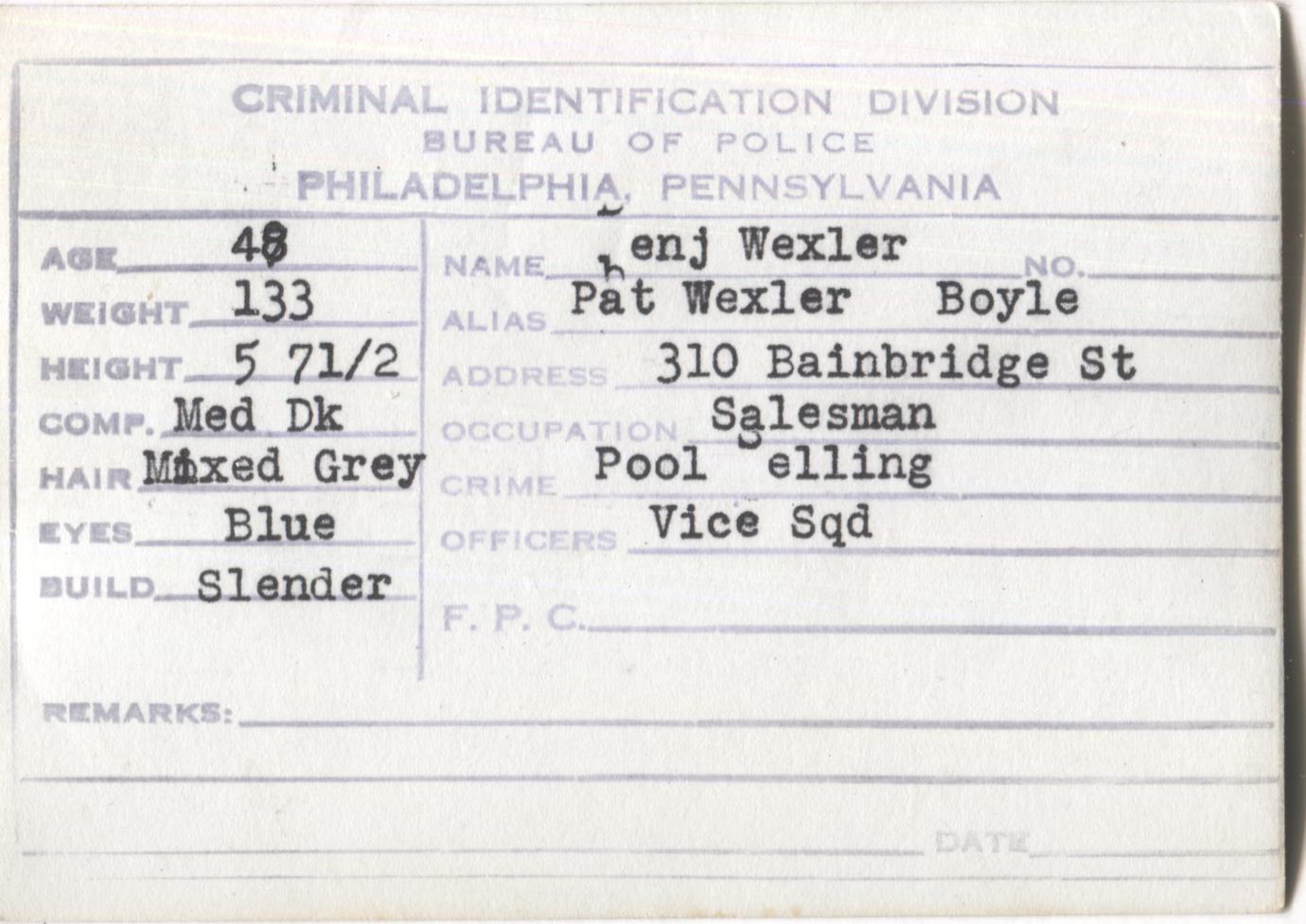 Benjamin Wexler Mugshot - Arrested on 2/19/1949 for Poolselling
