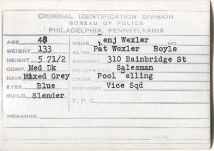 Benjamin Wexler Mugshot - Arrested on 2/19/1949 for Poolselling