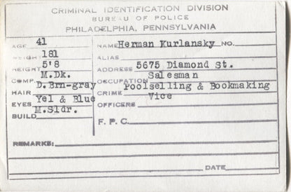 Herman Kurlansky Mugshot - Arrested on 8/10/1946 for Poolselling & Bookmaking