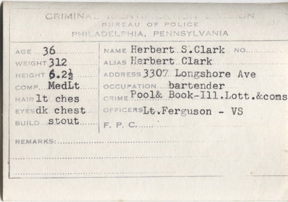 Herbert S. Clark Mugshot - Arrested on 9/17/1948 for Illegal Lottery