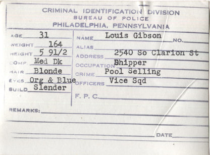 Louis Gibson Mugshot - Arrested on 2/18/1948 for Poolselling