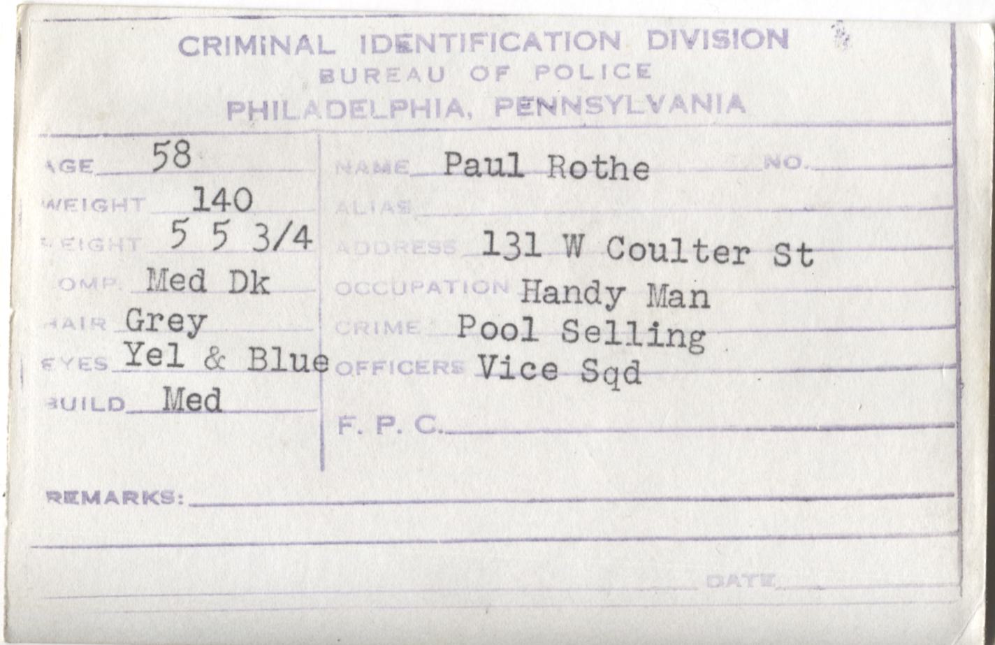 Paul Rothe Mugshot - Arrested on 3/20/1948 for Poolselling